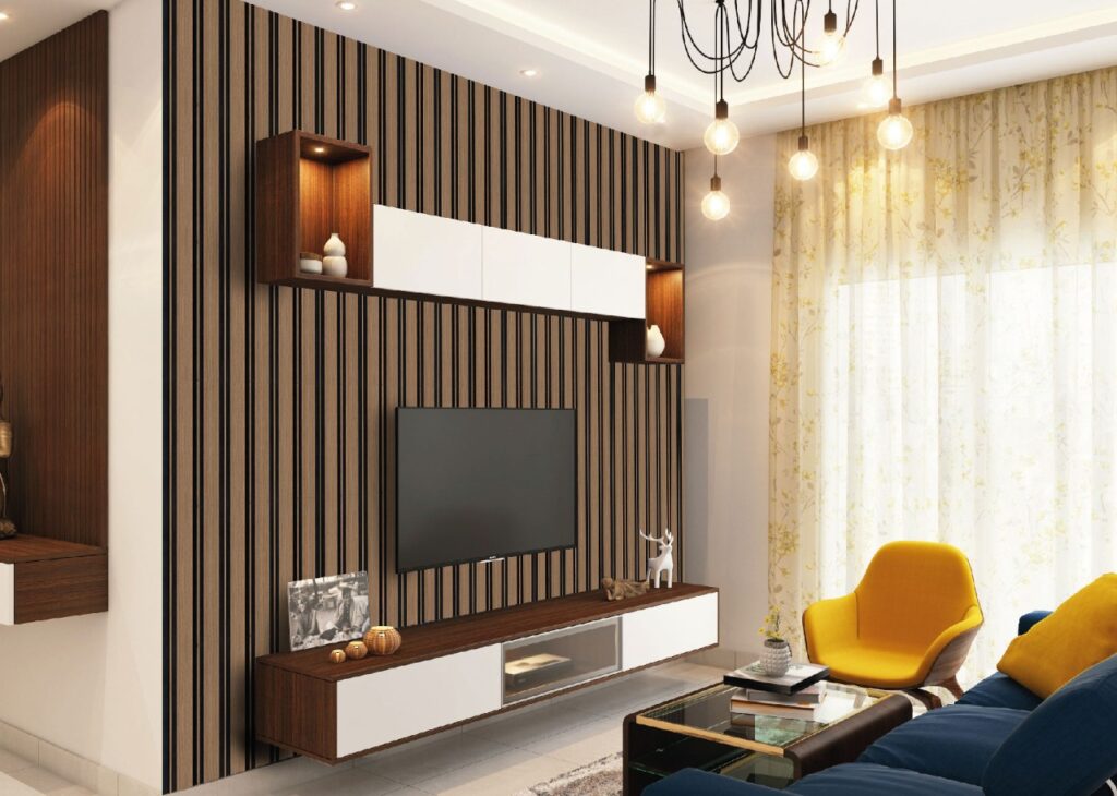 living room wooden wall paneling design